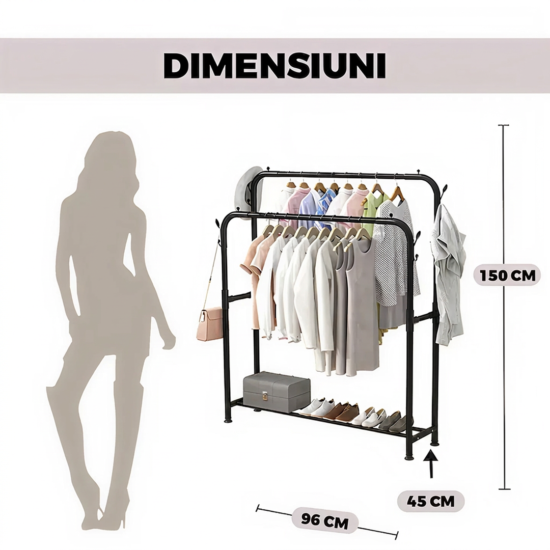 Suport Haine Metalic Mobil cu 2 Bare si Raft | 150 x 96 x 45 cm | Negru | Rezistenta 35 kg
