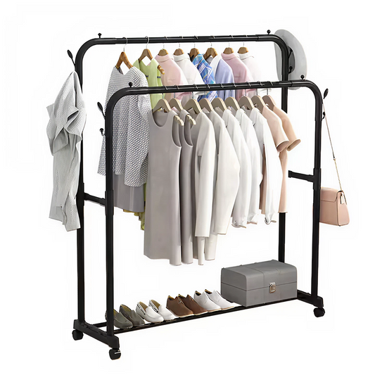 Suport Haine Metalic Mobil cu 2 Bare si Raft | 150 x 96 x 45 cm | Cu Roti | Negru | Rezistenta 35 kg