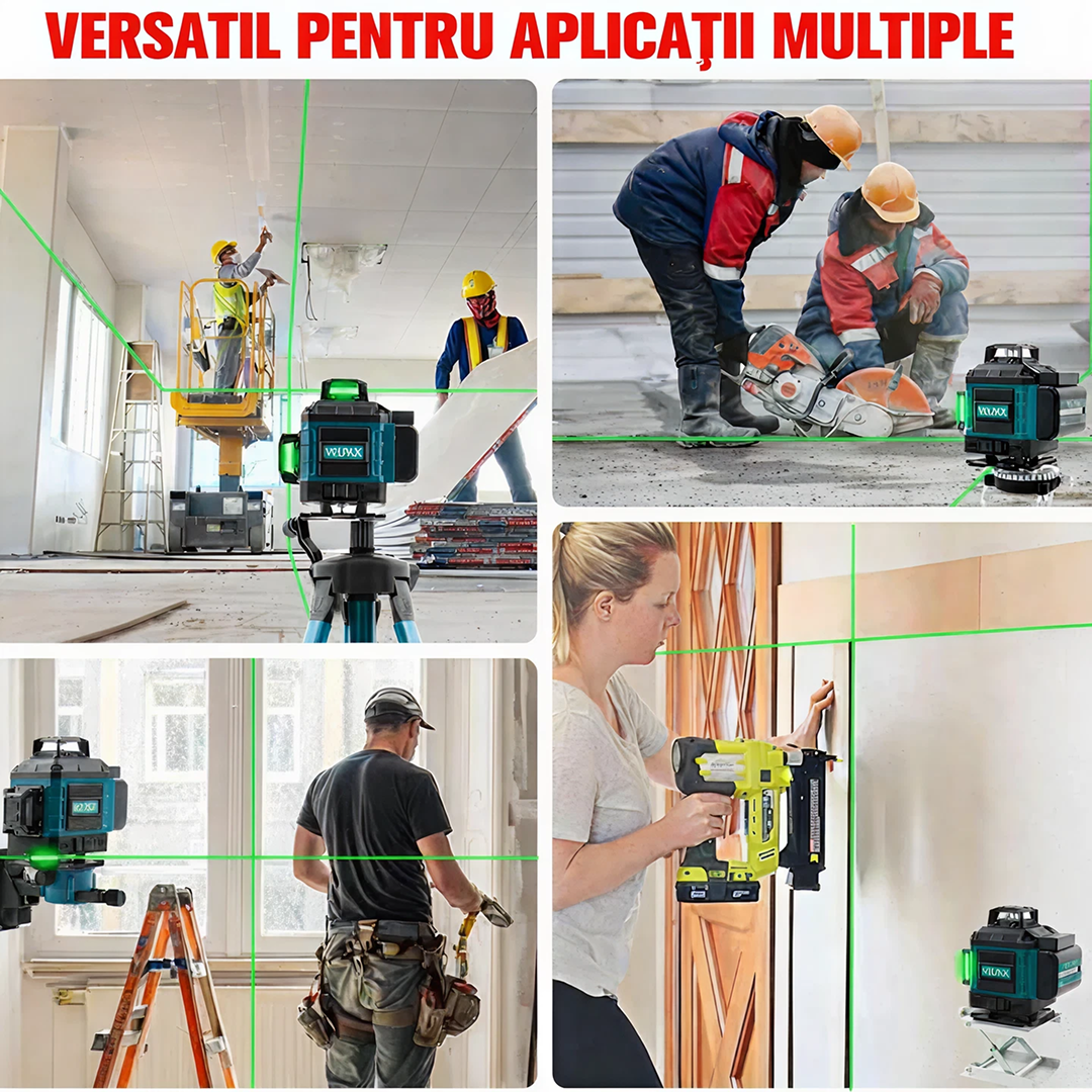 Nivela Laser Profesionala 4D 16 Linii Verde 360° | Autonivelare | 2 Acumulatori | Trepied + Telecomanda | Set Complet Constructii
