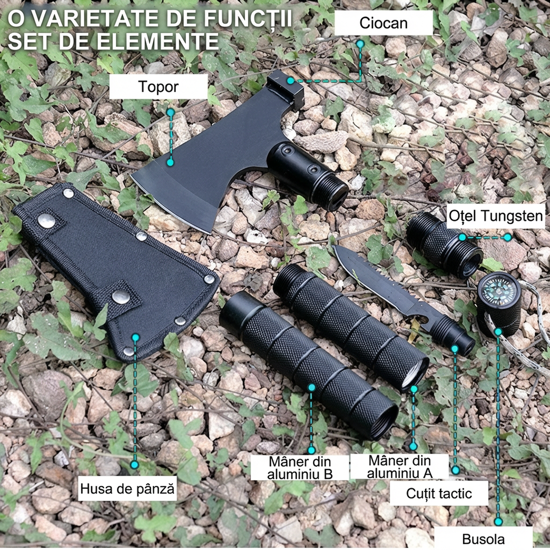 Topor Multifunctional 8 In 1 | Metalic | Maner Demontabil | Camping & Supravietuire | Negru