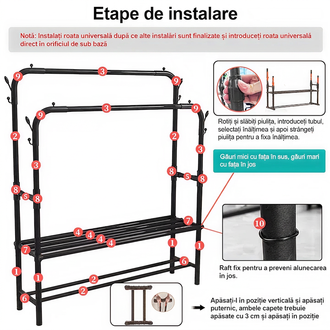 Suport Haine Metalic Mobil cu 2 Bare si Raft | 150 x 96 x 45 cm | Negru | Rezistenta 35 kg