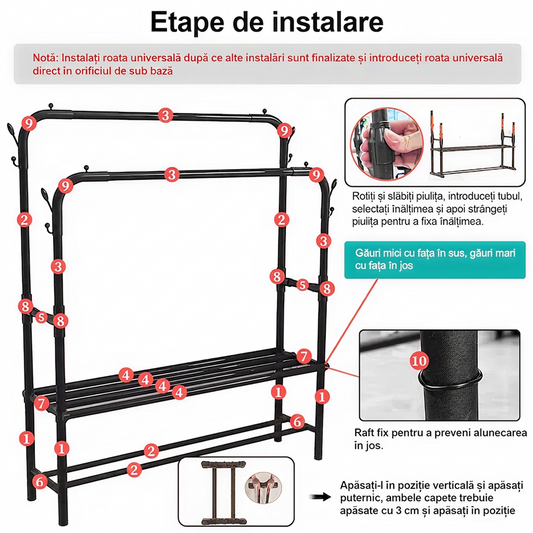 Suport Haine Metalic Mobil cu 2 Bare si Raft | 150 x 96 x 45 cm | Negru | Rezistenta 35 kg