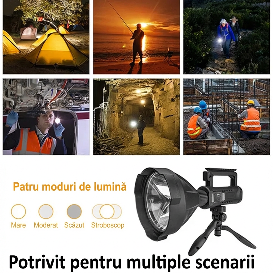 Lanterna LED Reincarcabila cu Powerbank | 4 Moduri Iluminare | USB | Trepied Inclus