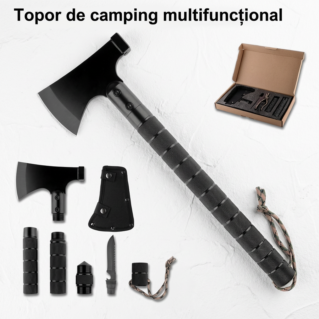 Topor Multifunctional 8 In 1 | Metalic | Maner Demontabil | Camping & Supravietuire | Negru