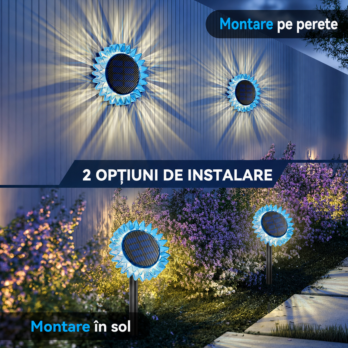 Set 3 Lămpi Solare Decorative Floarea-Soarelui, Galben, Albastru și Roz, LED Alb Cald