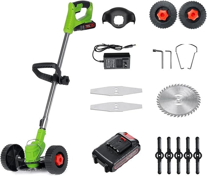 Motocoasă electrică fără fir 1500W cu 2 acumulatori 48V, roți detașabile și 3 unghiuri de tăiere – trimmer profesional pentru gazon și buruieni