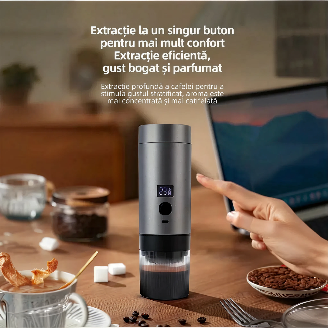 Espressor Portabil Capsule 3-In-1 | Presiune 18 Bar | Aparat Cafea cu Baterie Integrata | Incalzire Apa | USB-C