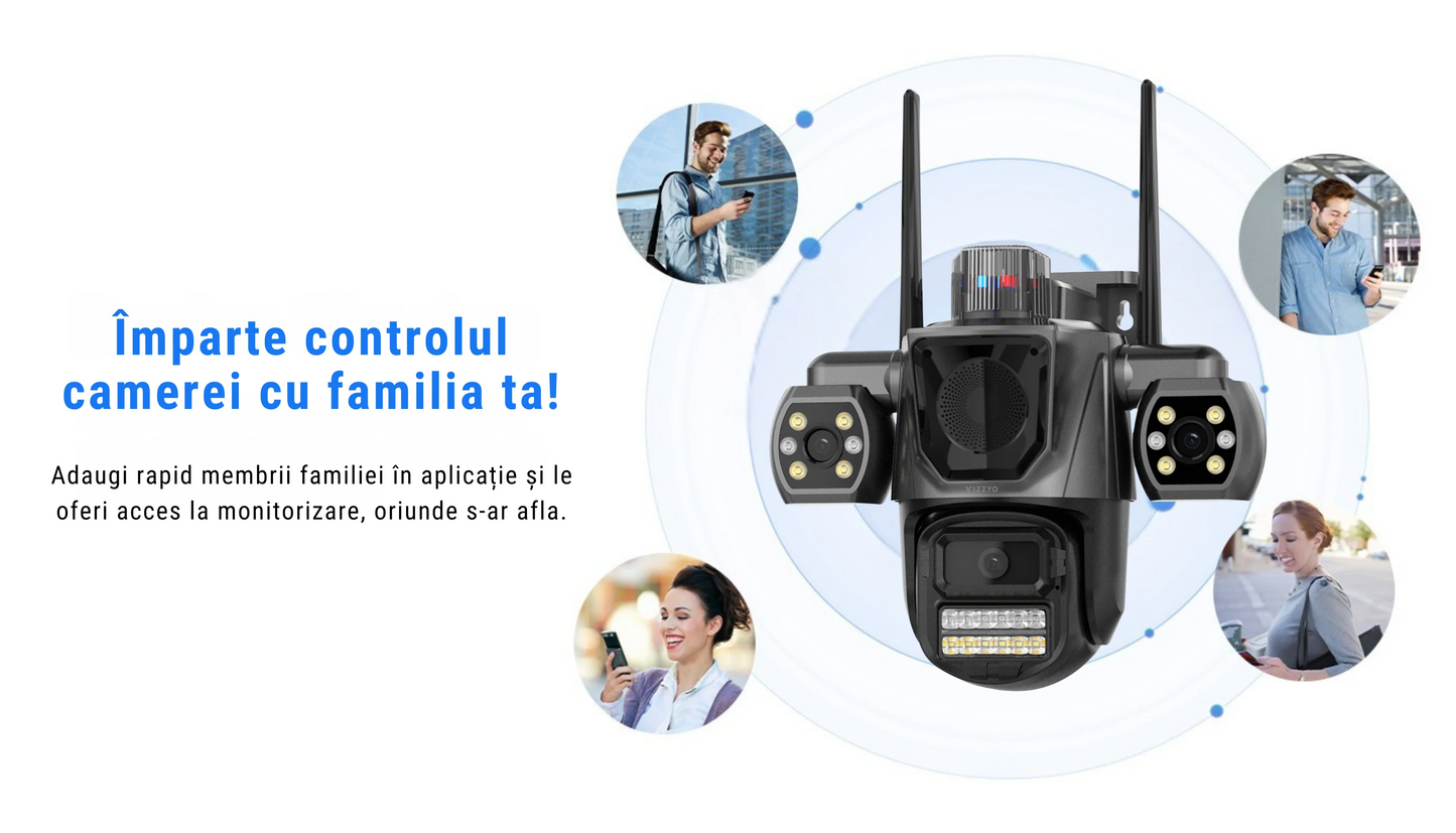Cameră supraveghere triplă WiFi – Vizzyo TriShield 3 în 1, 9 MP, panoramă 360°, audio bidirecțional, IP66