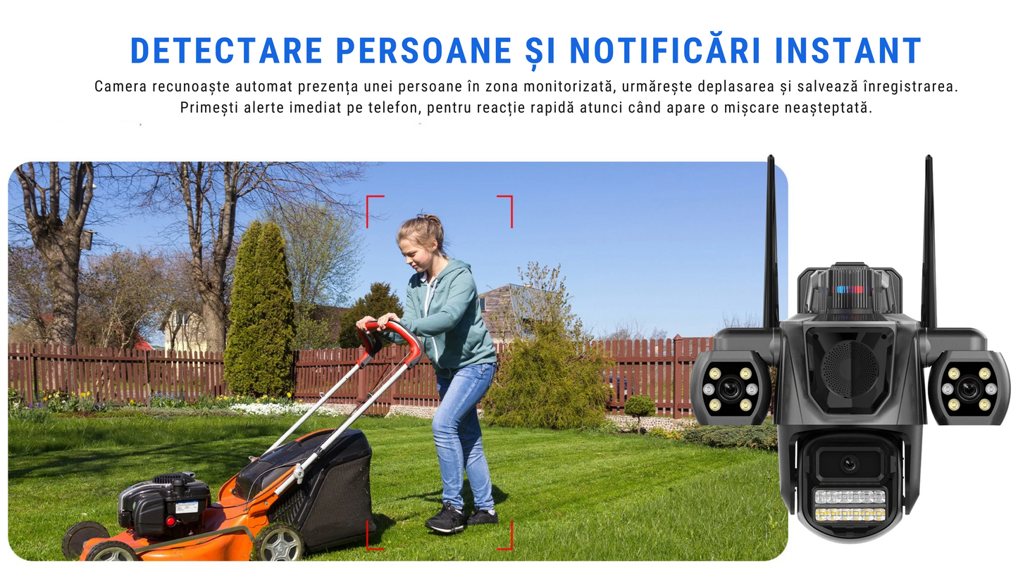 Cameră supraveghere triplă WiFi – Vizzyo TriShield 3 în 1, 9 MP, panoramă 360°, audio bidirecțional, IP66
