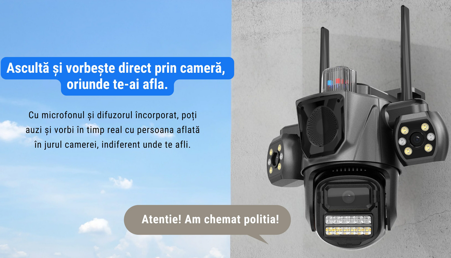 Cameră supraveghere triplă WiFi – Vizzyo TriShield 3 în 1, 9 MP, panoramă 360°, audio bidirecțional, IP66