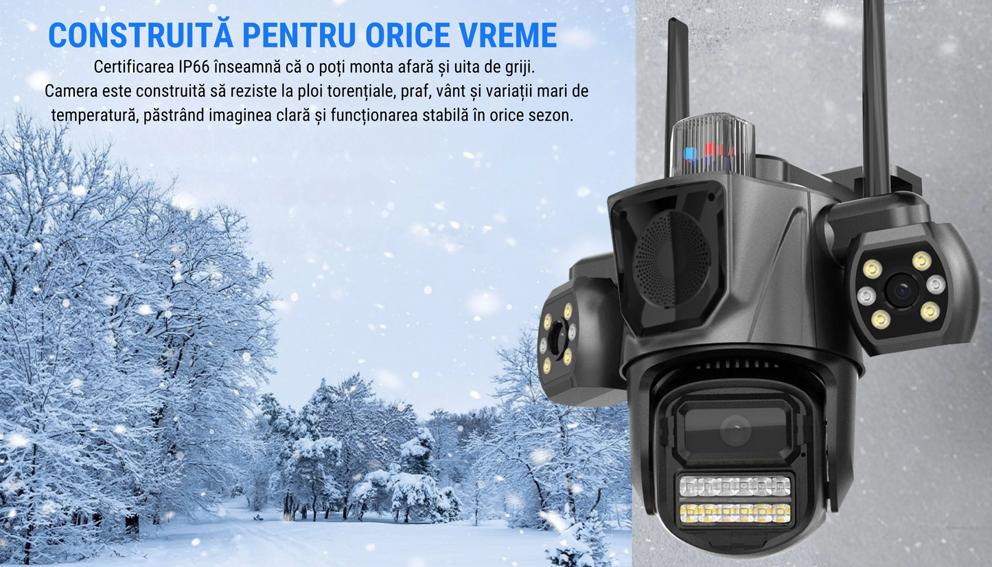 Cameră supraveghere triplă WiFi – Vizzyo TriShield 3 în 1, 9 MP, panoramă 360°, audio bidirecțional, IP66