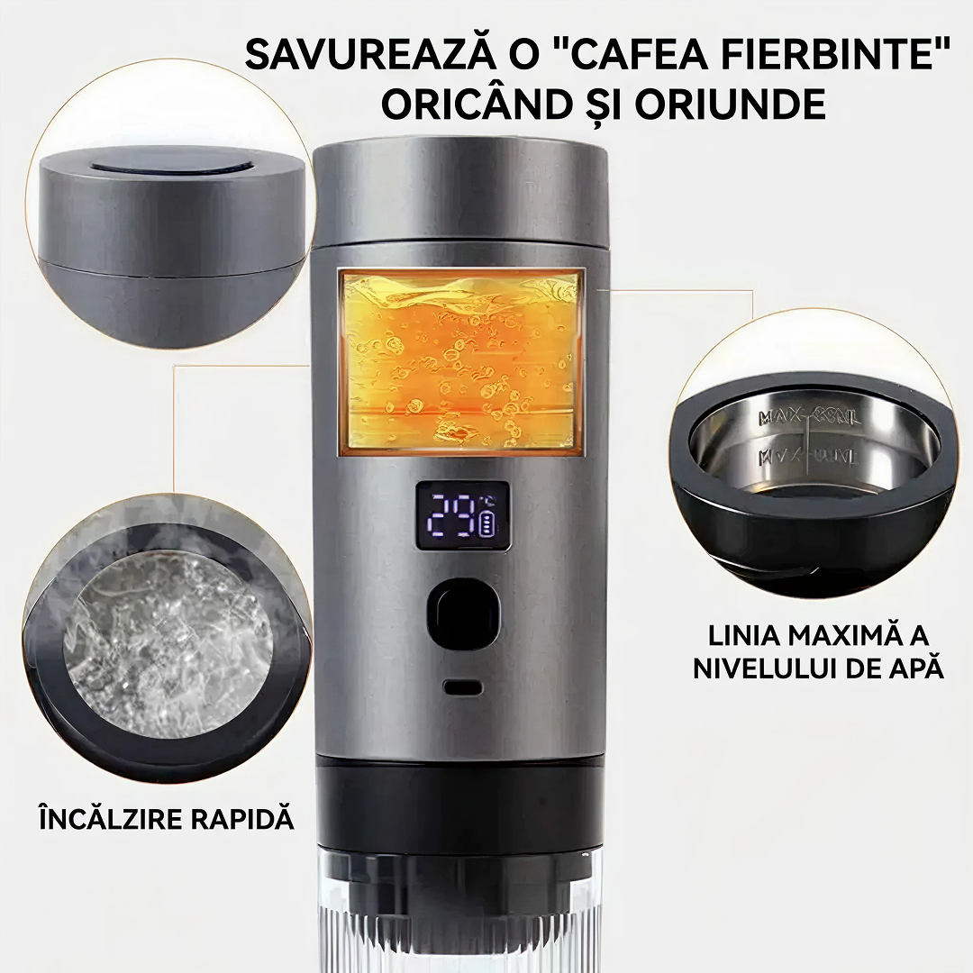 Espressor Portabil Capsule 3-In-1 | Presiune 18 Bar | Aparat Cafea cu Baterie Integrata | Incalzire Apa | USB-C