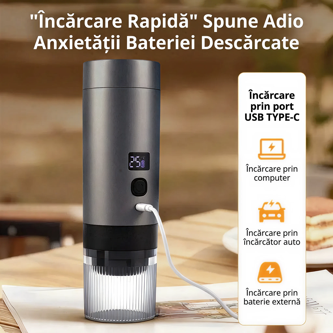 Espressor Portabil Capsule 3-In-1 | Presiune 18 Bar | Aparat Cafea cu Baterie Integrata | Incalzire Apa | USB-C