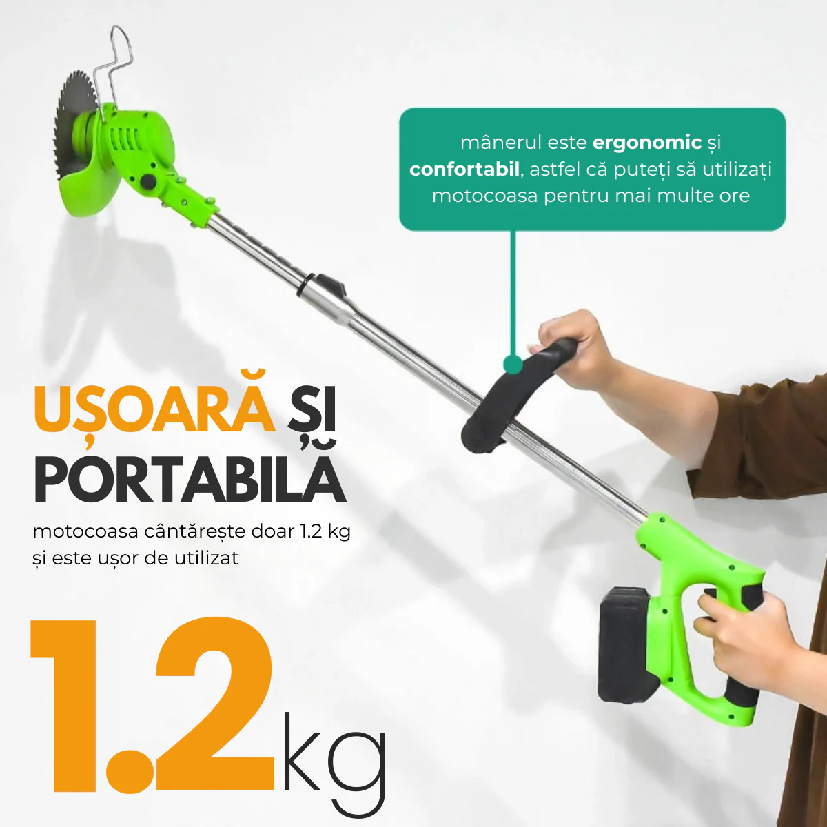 Motocoasă electrică fără fir cu 2 acumulatori, 18000 RPM, 3 tipuri de lame, tijă extensibilă – pentru gazon, iarbă și buruieni