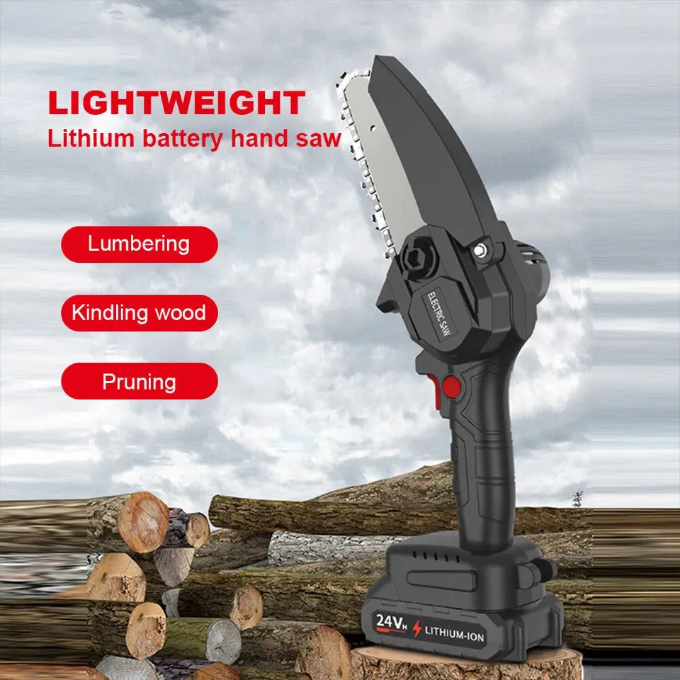 Mini drujbă electrică fără fir 4 inch, viteză lanț 10m/s – fierăstrău portabil pentru tăiere lemn și crengi