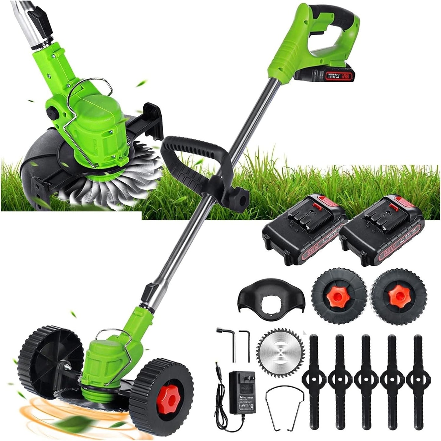 Motocoasă electrică fără fir 1500W cu 2 acumulatori 48V, roți detașabile și 3 unghiuri de tăiere – trimmer profesional pentru gazon și buruieni