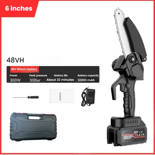 Mini fierăstrău electric fără fir 6 inch, 48V, set complet pentru grădină, cu 2 acumulatori și accesorii incluse