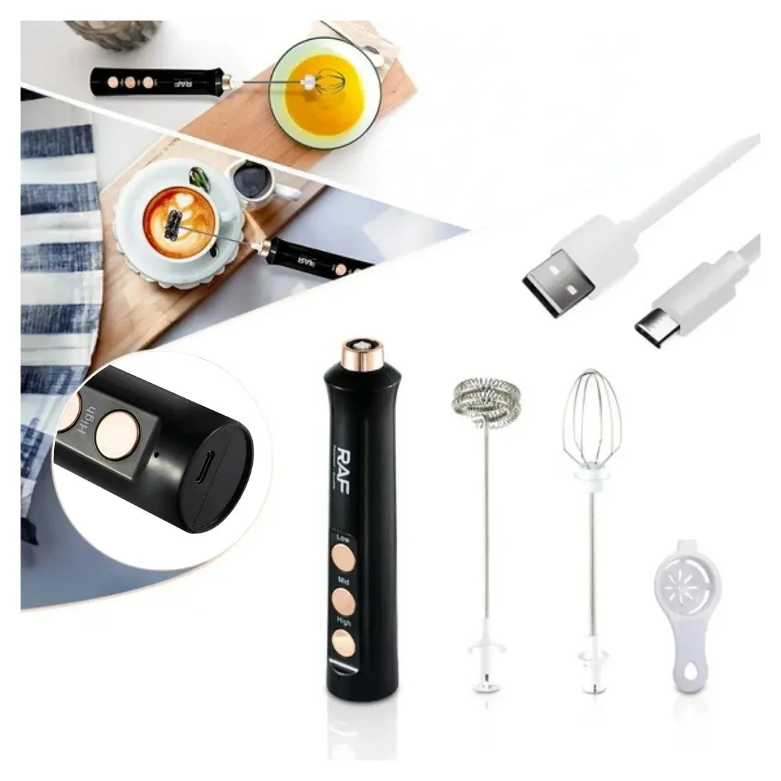 Mixer electric portabil 3-în-1 RAF R.342B – tel ouă, spumare lapte & mixer cafea, reîncărcabil USB, 3 viteze