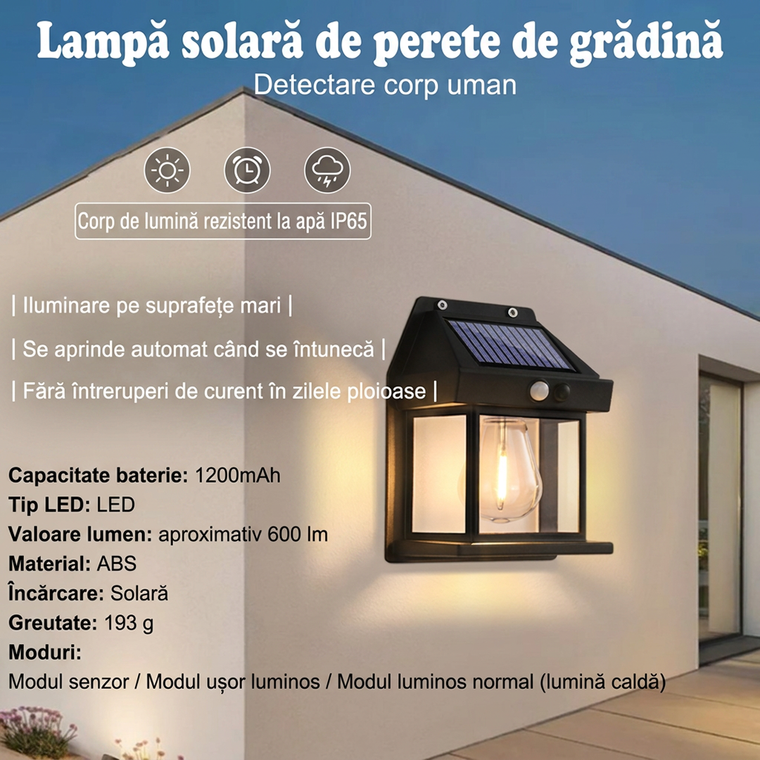 Lampa Solara de Perete LED | Design Felinar Exterior | Senzor Miscare si Crepuscul | IP65 | 12x57x17cm | Negru | Gradina Terasa