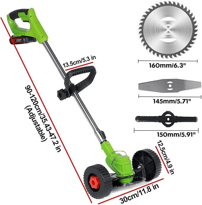 Motocoasă electrică fără fir 1500W cu 2 acumulatori 48V, roți detașabile și 3 unghiuri de tăiere – trimmer profesional pentru gazon și buruieni