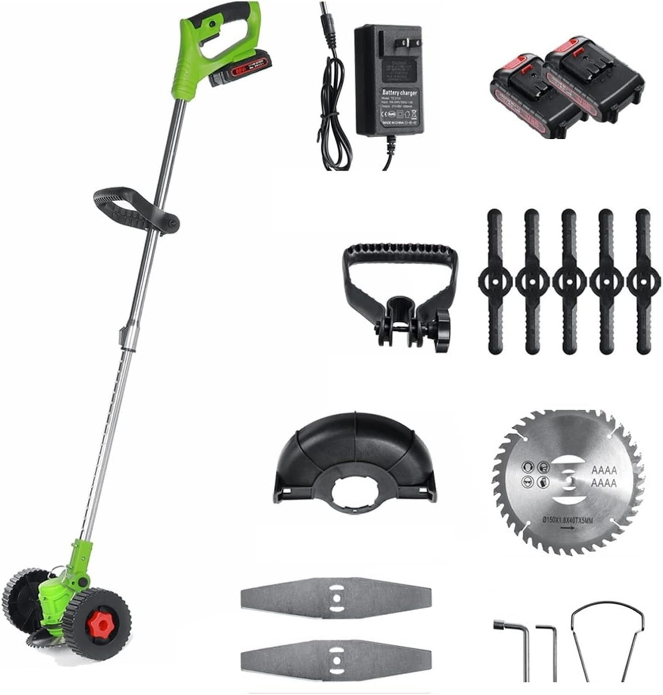 Motocoasă electrică fără fir 1500W cu 2 acumulatori 48V, roți detașabile și 3 unghiuri de tăiere – trimmer profesional pentru gazon și buruieni