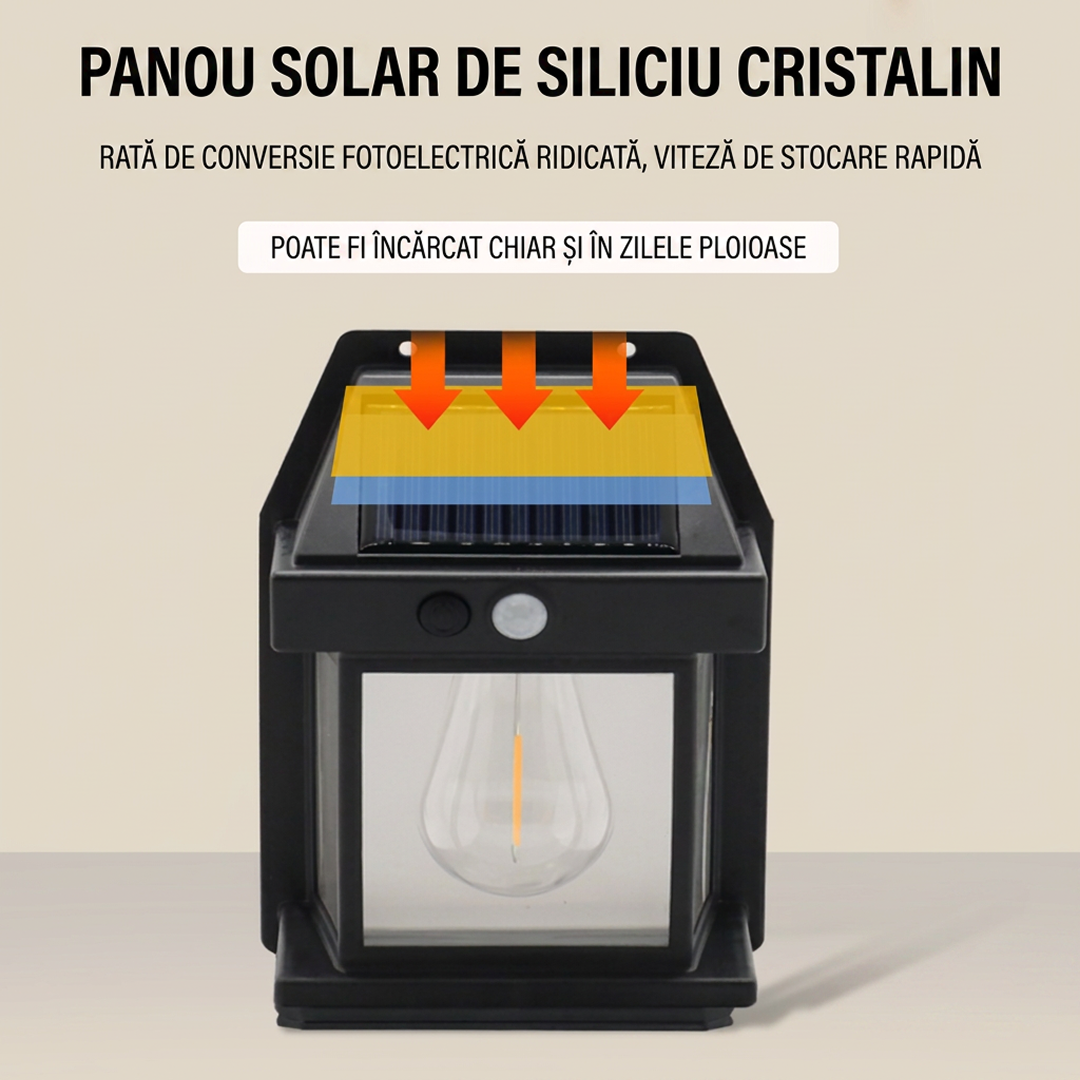 Lampa Solara de Perete LED | Design Felinar Exterior | Senzor Miscare si Crepuscul | IP65 | 12x57x17cm | Negru | Gradina Terasa