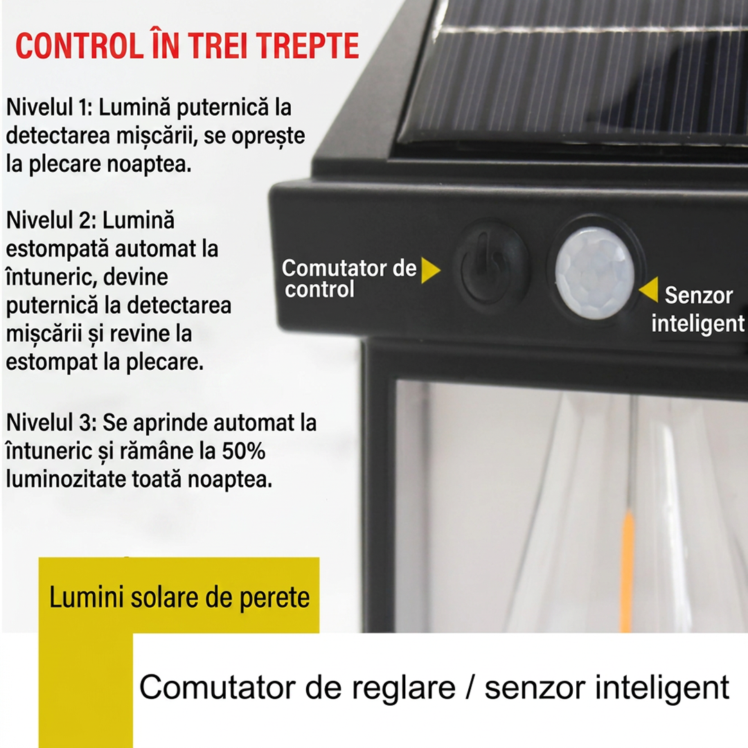 Lampa Solara de Perete LED | Design Felinar Exterior | Senzor Miscare si Crepuscul | IP65 | 12x57x17cm | Negru | Gradina Terasa