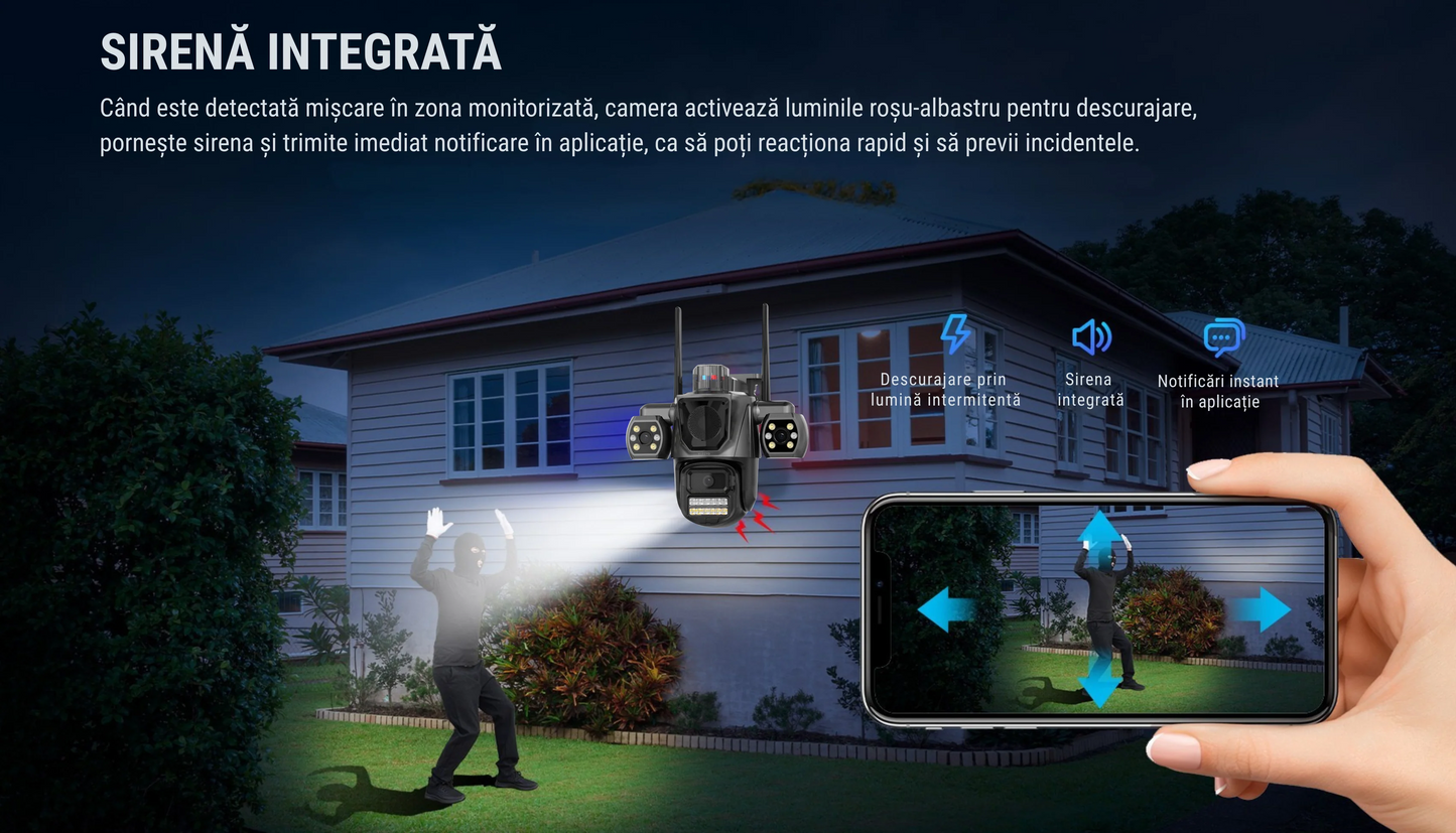 Cameră supraveghere triplă WiFi – Vizzyo TriShield 3 în 1, 9 MP, panoramă 360°, audio bidirecțional, IP66