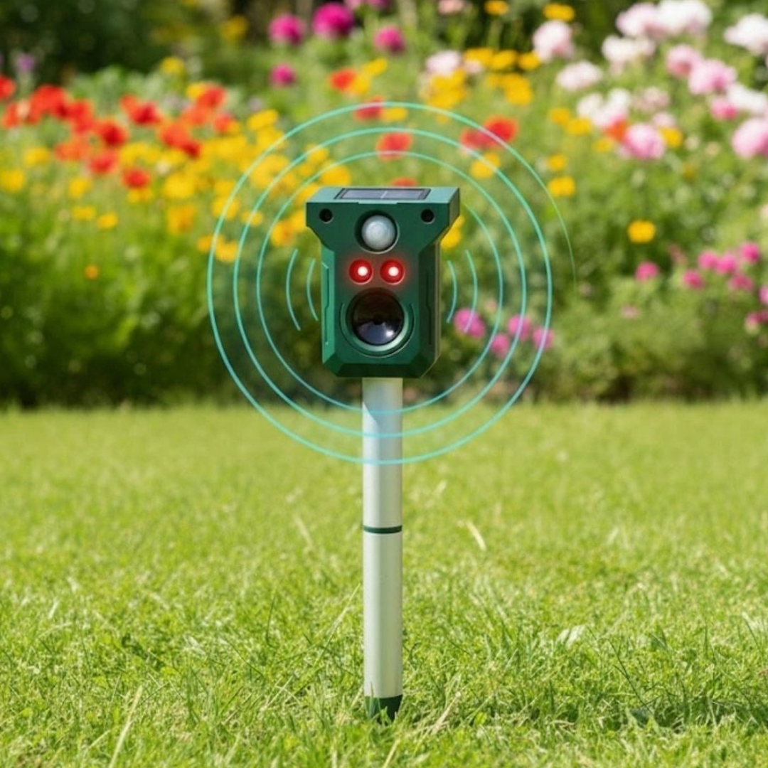 Aparat Solar Ultrasunete Impotriva Daunatorilor - Repelent Solar Animale cu Tija | Ultrasunete + LED Intermitent | Senzor PIR | Impermeabil | Instalare in Sol | Gradina, Câmp, Terasa