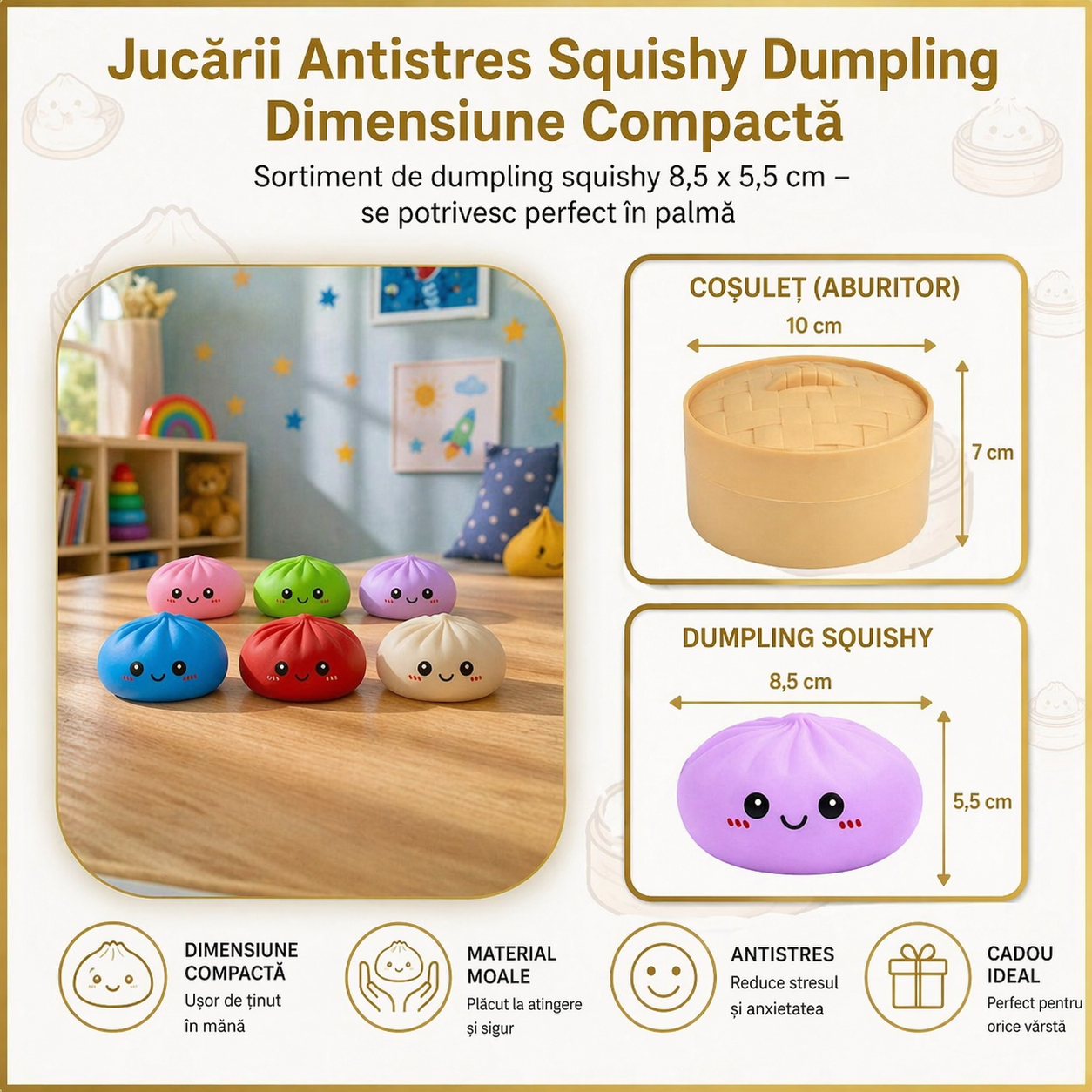 Jucarie de relaxare Squishy Dumpling 10 cm – Super moale, efect antistres, modele surpriza in cutie