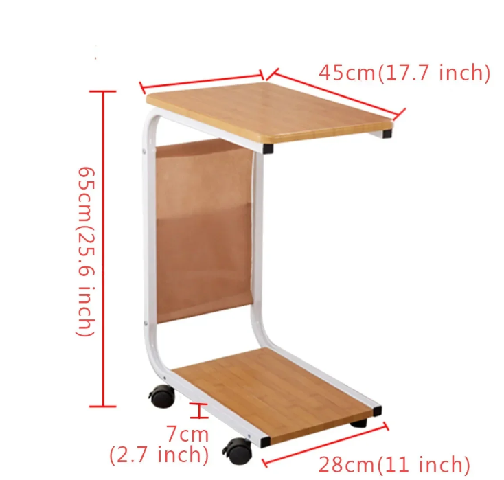 Măsuță Laterală în Formă de C, pe Roți, cu Raft și Buzunar pentru Reviste, 45 x 28 x 65 cm