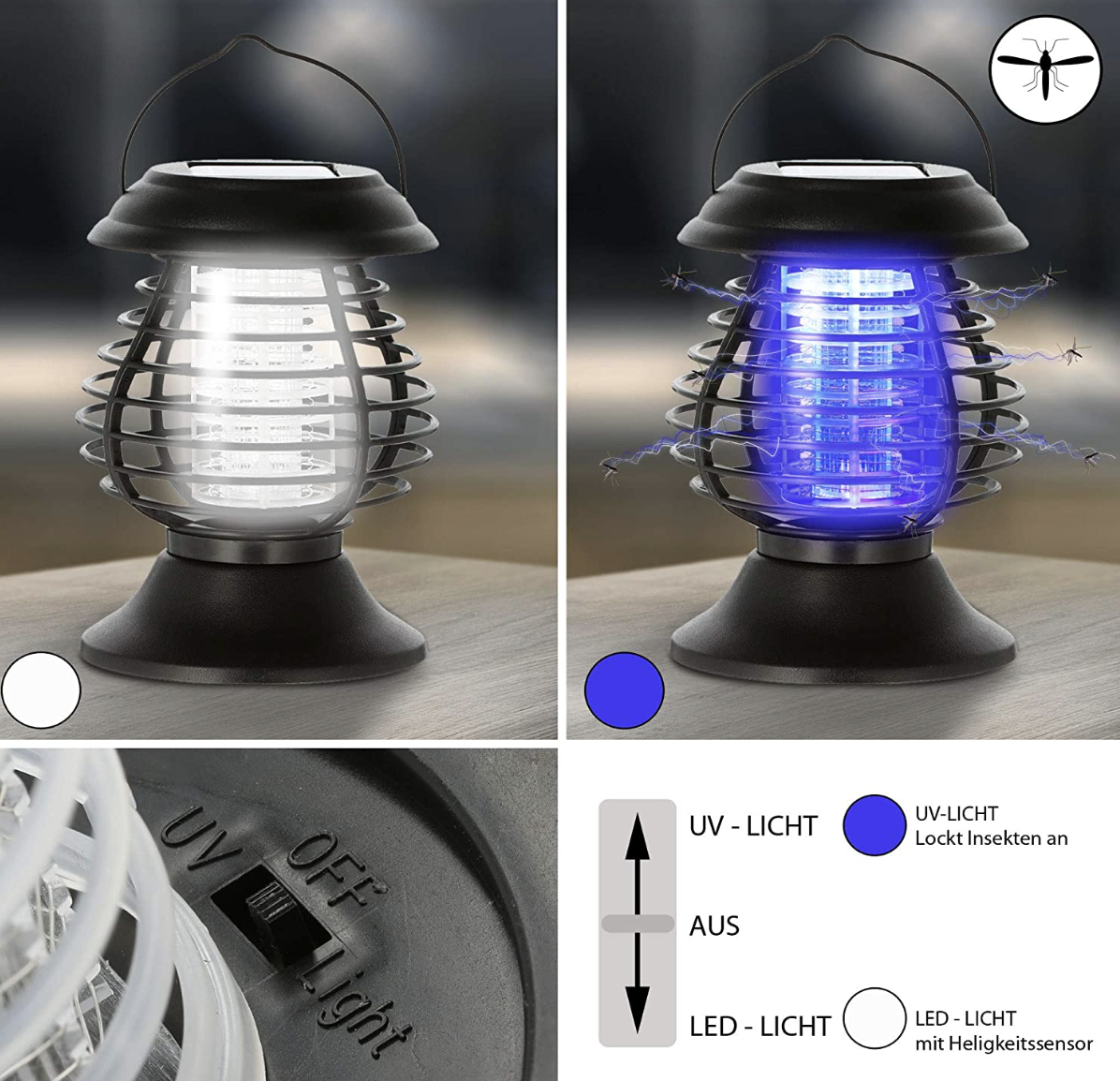 Lampa solara anti tantari si insecte UV LED 18.5x13 cm – Protectie eficienta, iluminare ambientala, autonomie automata