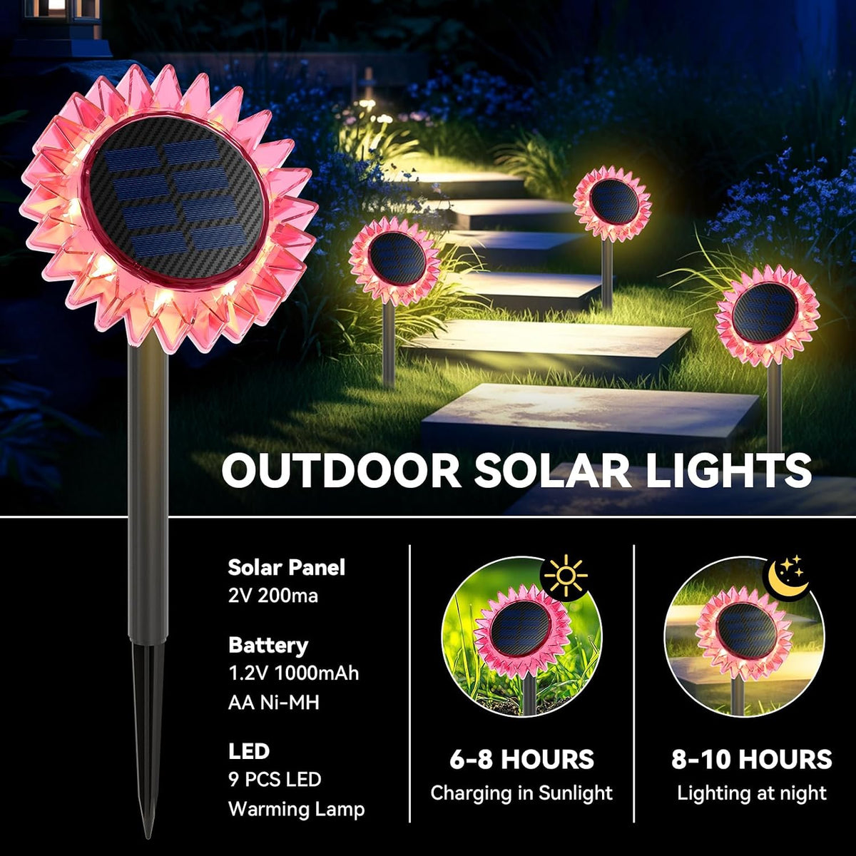 Lampă solară floarea-soarelui, IP67, roz, pentru grădină