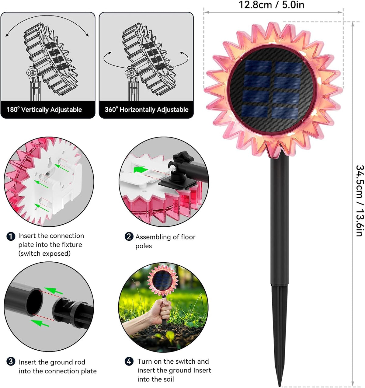 Lampă solară floarea-soarelui, IP67, roz, pentru grădină