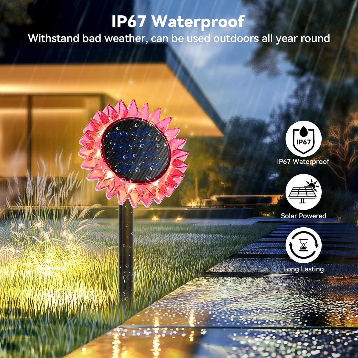 Lampă solară floarea-soarelui, IP67, roz, pentru grădină