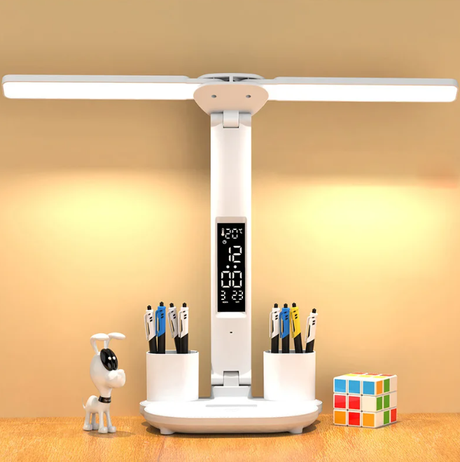 Lampa de birou LED pliabila | Alimentare USB | Suport de pixuri, afisaj temperatura, data si ora | Diferite Moduri si Intensitati