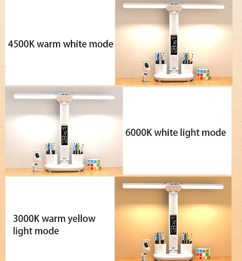 Lampa de birou LED pliabila | Alimentare USB | Suport de pixuri, afisaj temperatura, data si ora | Diferite Moduri si Intensitati