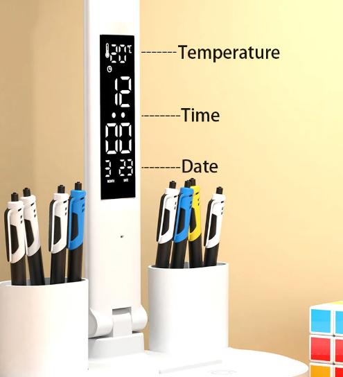 Lampa de birou LED pliabila | Alimentare USB | Suport de pixuri, afisaj temperatura, data si ora | Diferite Moduri si Intensitati