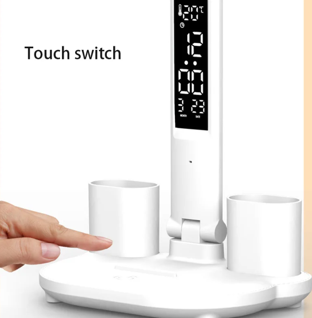 Lampa de birou LED pliabila | Alimentare USB | Suport de pixuri, afisaj temperatura, data si ora | Diferite Moduri si Intensitati