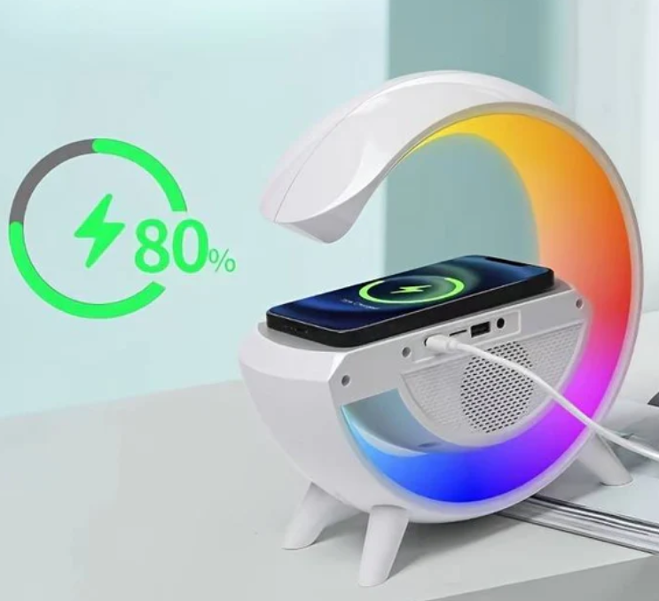 Lampa Smart LED RGB si Incarcator Wireless 15W, Lumini Ambientale, Sincronizare muzicala, Difuzor 5W, Muzica Bluetooth, USB, FM Radio, MicroSD, AUX, Afisaj Ceas Digital