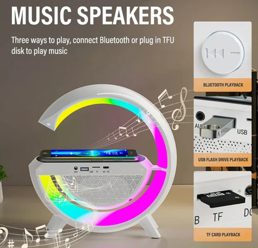 Lampa Smart LED RGB si Incarcator Wireless 15W, Lumini Ambientale, Sincronizare muzicala, Difuzor 5W, Muzica Bluetooth, USB, FM Radio, MicroSD, AUX, Afisaj Ceas Digital