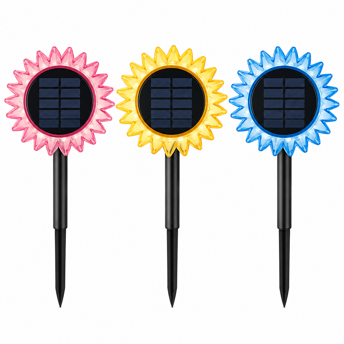 Set 3 Lămpi Solare Decorative Floarea-Soarelui, Galben, Albastru și Roz, LED Alb Cald