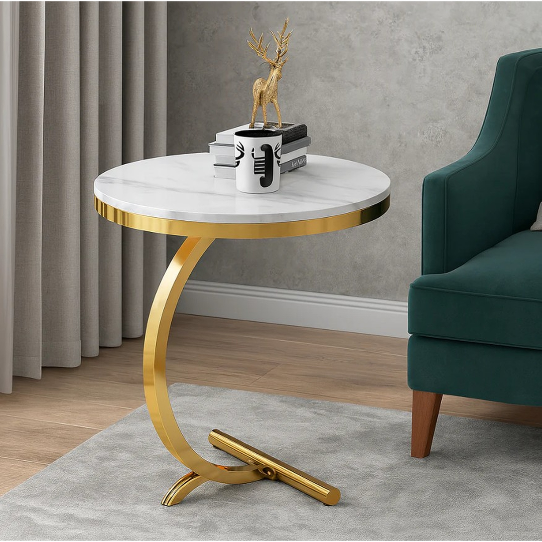 Măsuță Laterală Rotundă în Stil Nordic, Picior Auriu Curbat, Blat Aspect Marmură, 50 cm