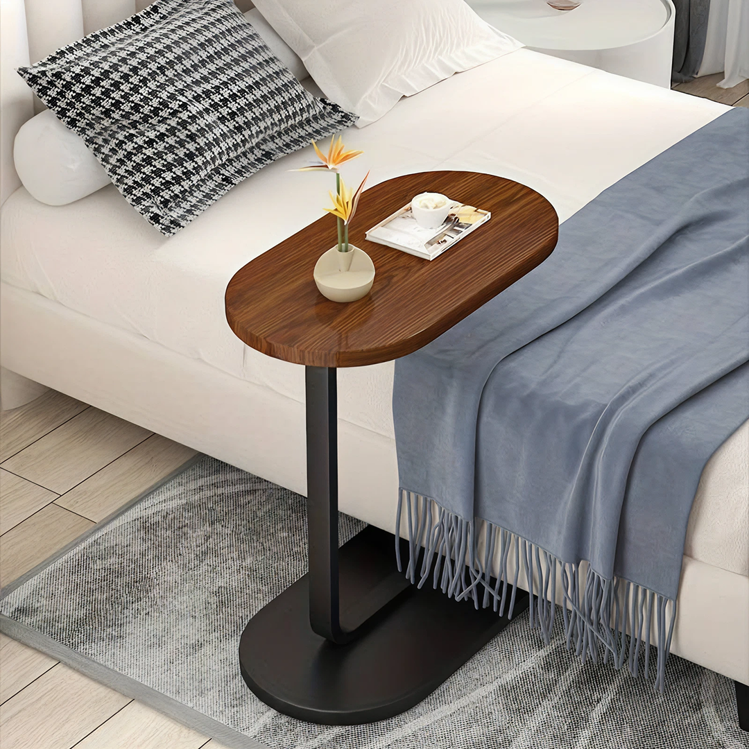 Masuta Laterala in Forma de C | Panou MDF si Cadru Metal | 34x24x58cm | Culoare Nuc | Canapea si Pat | Asamblare 10 Min