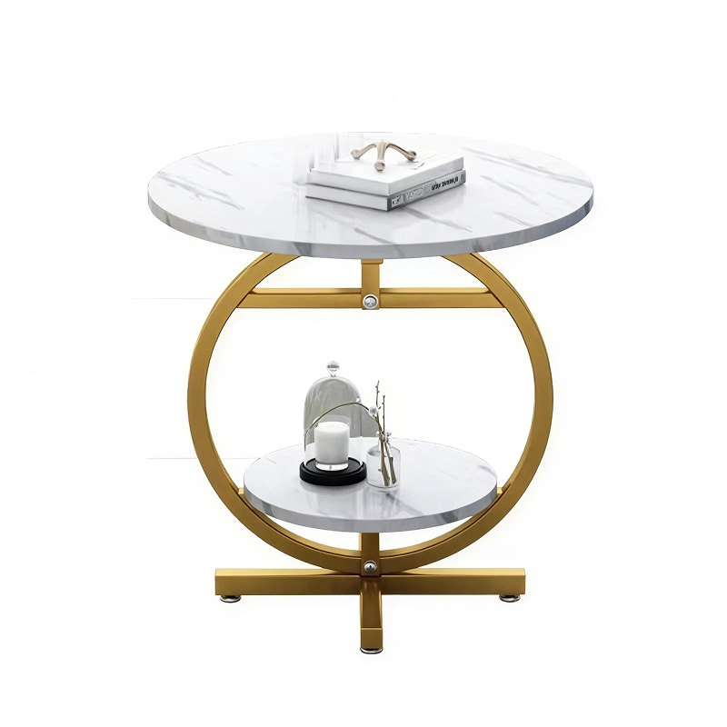 Măsuță Rotundă cu 2 Niveluri și Cadru Auriu Circular, Blat cu Aspect de Marmură, 49 cm