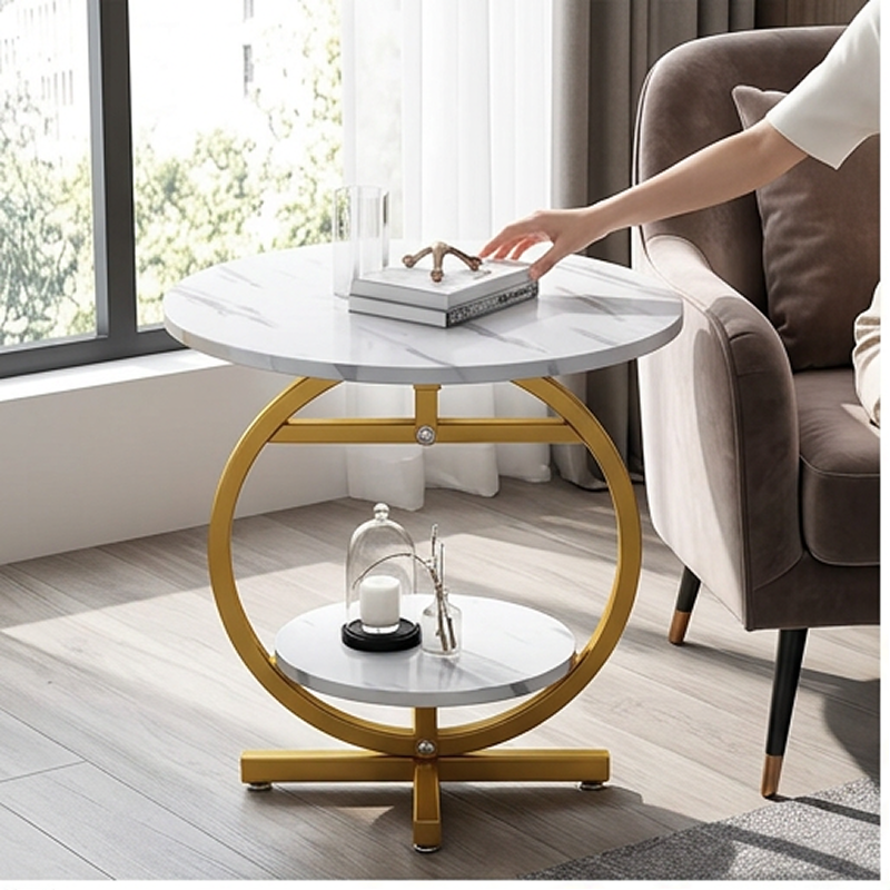 Măsuță Rotundă cu 2 Niveluri și Cadru Auriu Circular, Blat cu Aspect de Marmură, 49 cm