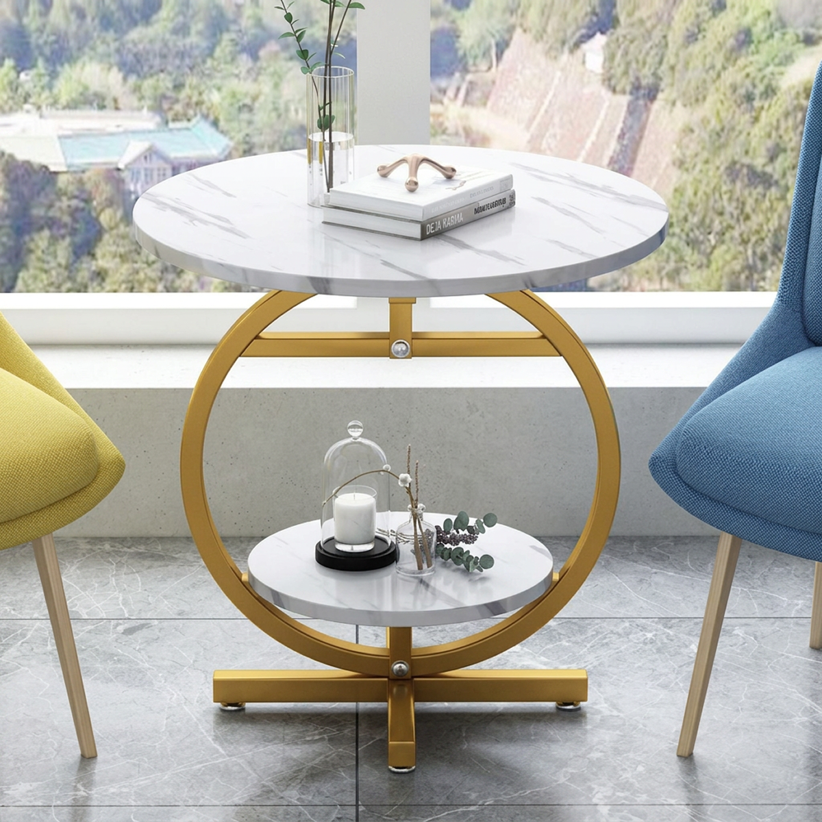 Masuta de Cafea Rotunda cu 2 Nivele | Blat Alb Aspect Marmura | Etajera Inferioara