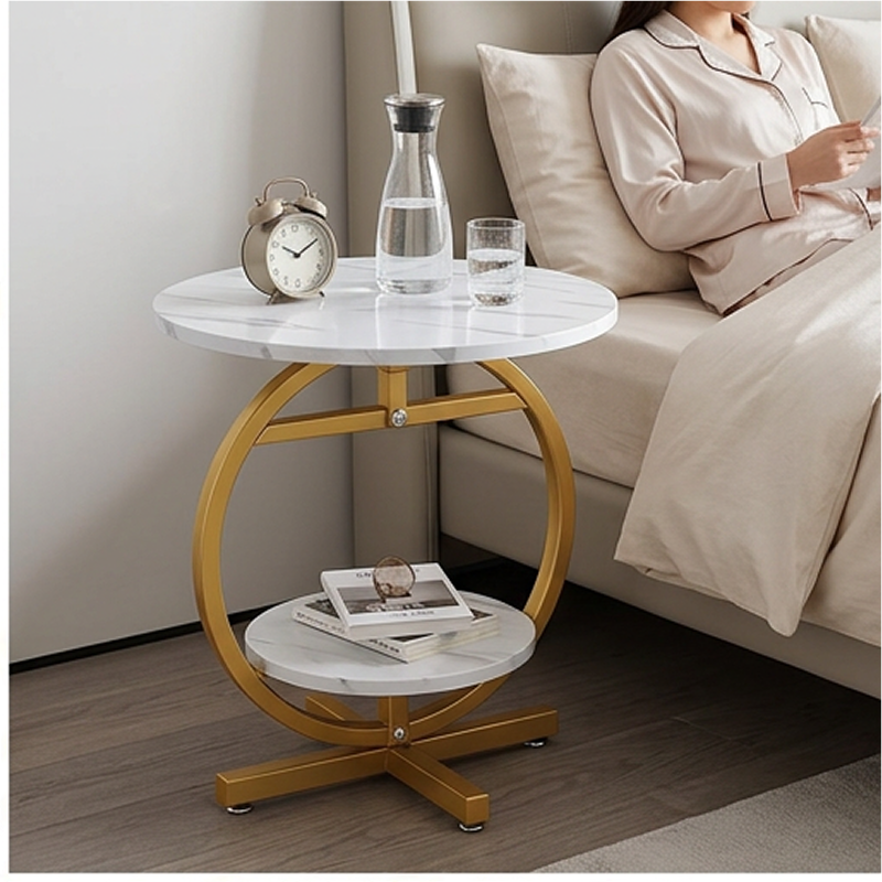 Măsuță Rotundă cu 2 Niveluri și Cadru Auriu Circular, Blat cu Aspect de Marmură, 49 cm