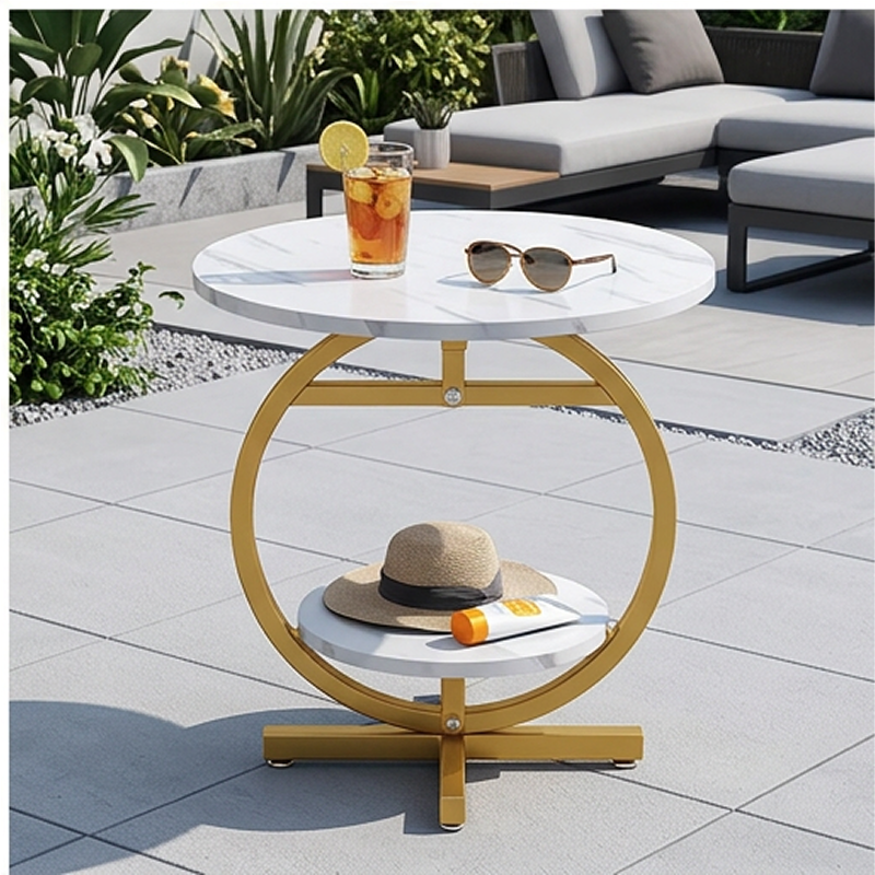 Măsuță Rotundă cu 2 Niveluri și Cadru Auriu Circular, Blat cu Aspect de Marmură, 49 cm