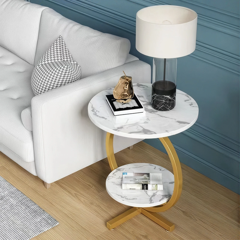 Măsuță Rotundă cu 2 Niveluri și Cadru Auriu Circular, Blat cu Aspect de Marmură, 49 cm